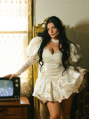 Upcycled 80s Vintage Wedding Mini Dress with Puff Sleeves and Pearl Lace Choker